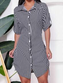 Women's Striped Chemise Dress Fashion Blogger Elegant - màu đen - Xem 2