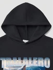 Tween 男童 Tralalero Tralala 運動鞋，四足鯊魚 AI 圖案，休閒百搭寬鬆運動街頭風，棉墊舒適長袖上衣運動衫 - 黑色 - 查看 6