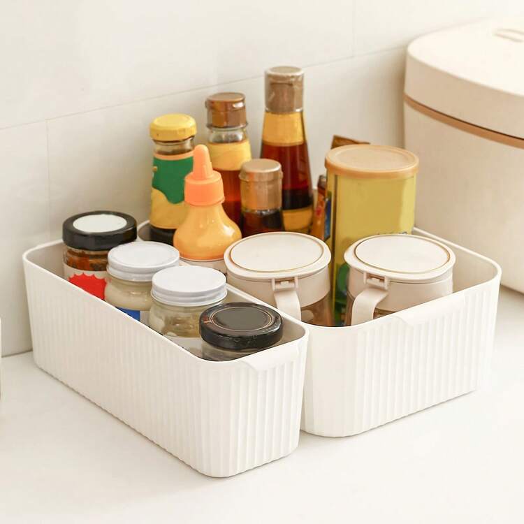 1/2/3pcs Multifunctional Plastic Storage Box With Handle, Stackable Bathroom Cosmetics Storage Box, Cabinet Storage Container For Food, Snack & Fruit, Kitchen Sauce Bottle & Seasoning Jar Storage Basket, Refrigerator Storage Organization, Space Saving, Suitable For Student And Adult Use In Home, Kitchen, Bathroom, Bedroom, Dorm, Office - White - View 7