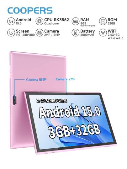 Coopers Android 15 Tablet, 10.1 Inch WIFI Tablet PC, 3GB RAM, 32GB ROM, Support 1TB Expandable, Quad-Core, 2.4G+5G WiFi, Dual Band WiFi6, 2MP + 5MP Dual Camera, 1280 * 800 IPS HD Touch Screen,Wi-Fi, 6000mAh Battery, Support Widevine L1(No Adapter) ﻿