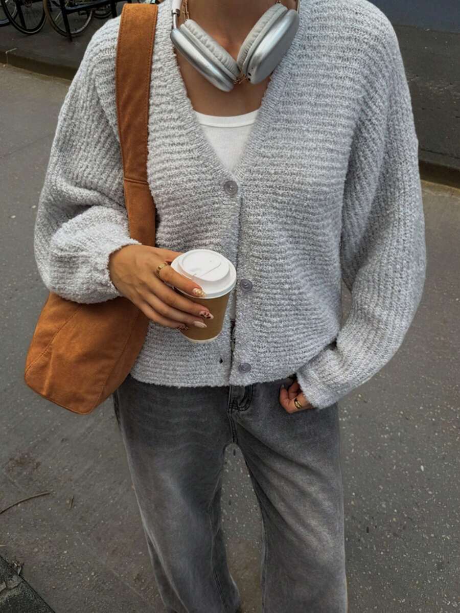 FOR BEAUTY V领针织开衫,女士灰色长袖宽松休闲百搭毛衣外套,上衣 - 灰色 - 查看 1