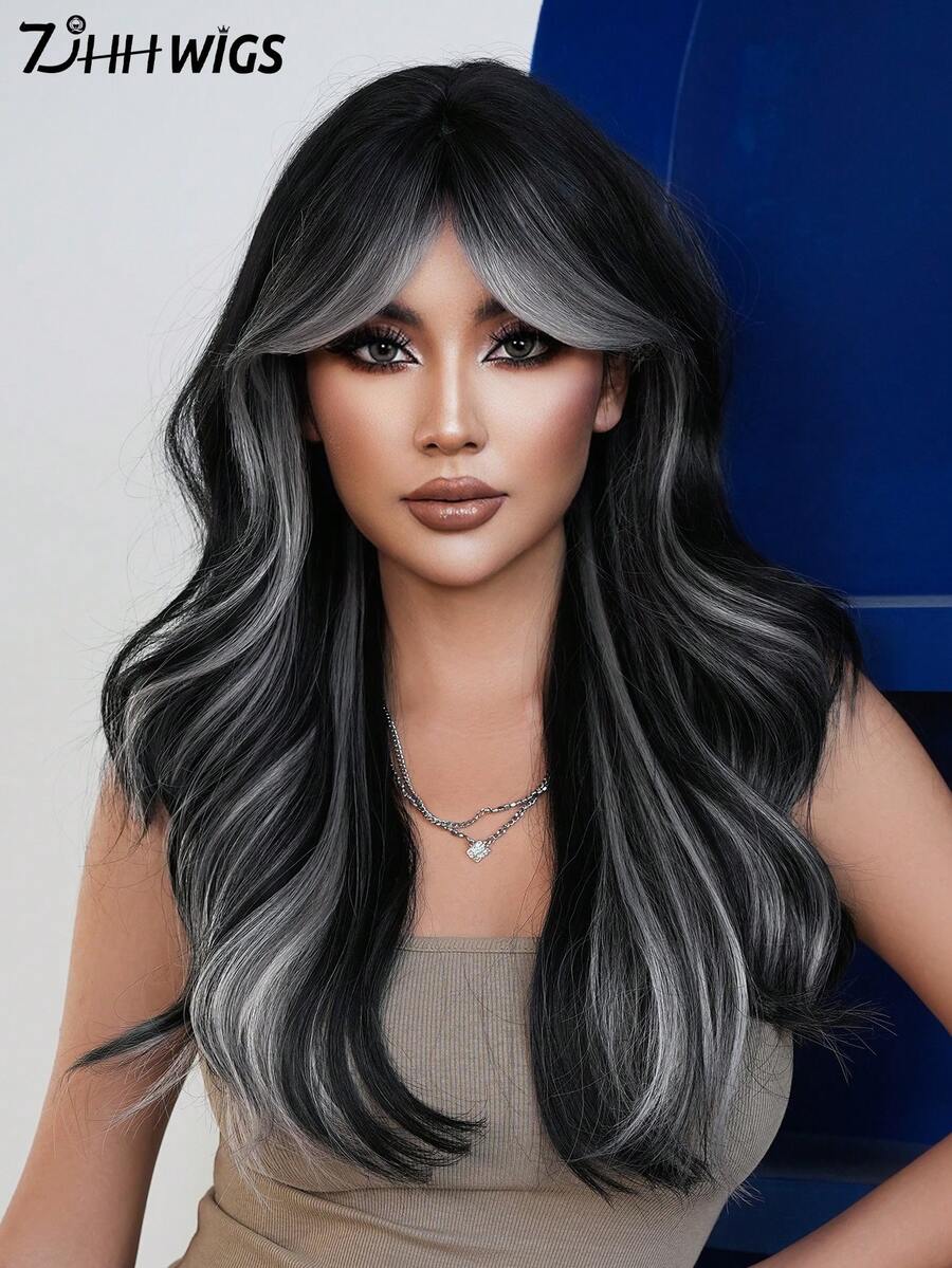 24 Inch Long Wavy Black White Highlight Wig With Curtain Bangs For Women Heat Resistant Fiber Hairpiece,Natural Synthetic Full Machine Hair Wigs For Daily Music Festival Party Wear, Cosplay Halloween & Street Photography Use - 挑染白色 - 查看 1