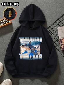 Tween 男童 Tralalero Tralala 運動鞋，四足鯊魚 AI 圖案，休閒百搭寬鬆運動街頭風，棉墊舒適長袖上衣運動衫 - 黑色 - 查看 1