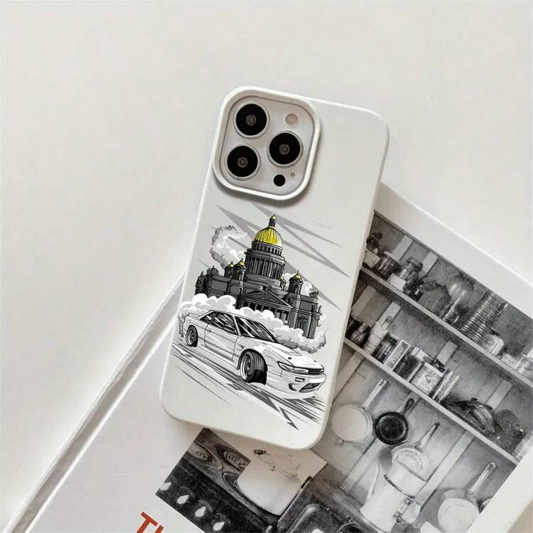 Funda protectora para phone con diseño de castillo y coche, con orificios grandes. Compatible con phone 16 Pro Max, 16, 15 Pro, 14, 14 Plus/14 Pro Max, 13, 13 Pro, 12 Pro, 11/11 Pro. Regalos para cumpleaños y festividades - Blanco - Añade 1