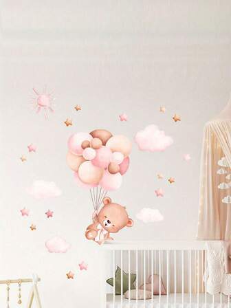 1 st. söt tecknad björn med ballonger och stjärnmönster självhäftande väggdekal, dekoration för sovrum, entré, vardagsrum, hall, heminredning, väggmålning, barnkalas, födelsedagsfest