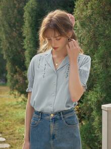 Simple Retro 复古风女式春夏度假刺绣撞色纽扣绿色优雅复古休闲短袖衬衫上衣 - 淺藍色 - 查看 6