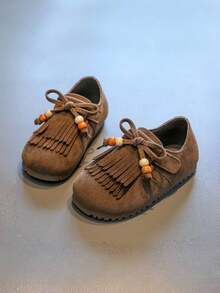 1 par de zapatos planos con diseño de lazo y cierre de gancho y bucle de PU para niñas, adecuados para primavera y otoño - Café integral - Ver 3