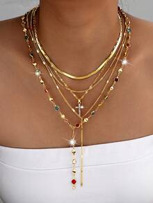 5pcs Vintage Metal Cross Pendant Y-Necklace, Bohemian Style Colorful Crystal Pendant Necklace Set, Suitable For Women's Daily, Vacation, Party, Dating, Holiday Gift For Friends