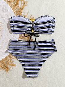 Striped Metal Ring Decor Bikini 2 Pieces Set, Suitable For Summer, Popular In Europe And America