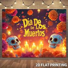 Pancarta grande de 2D Día de los Muertos - Calaveras de azúcar y cempasúchiles vibrantes en naranja, rosa, morado y amarillo - Fondo de tela de poliéster durable, adecuado para Halloween, Día de los Muertos, cumpleaños, decoración de bodas - Decoración interior/exterior - No se necesita energía para colgar - Telón de fondo para fotografía, impresión de alta calidad, diseño plano 2D, decoración de Halloween, patrón de cempasúchil, fácil de colgar, material ligero, decoración del hogar