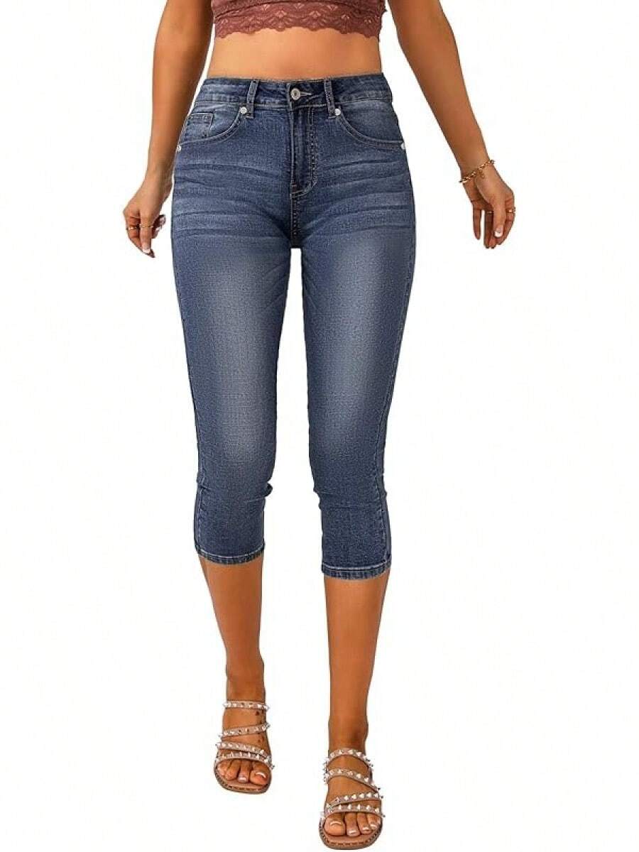 Vetinee High Waisted Skinny Slim Fit Capri Jeanshalloween - Màu xanh đậm cổ điển - Xem 1