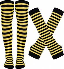 Tongcloud Women's Striped Knee High Socks, Over Knee Thigh High Socks, Arm Warmer And Fingerless Gloves SetHalloween Christmas New Year - 黑色和黃色 - 查看 1