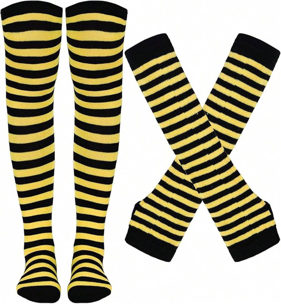 Tongcloud Women's Striped Knee High Socks, Over Knee Thigh High Socks, Arm Warmer And Fingerless Gloves SetHalloween Christmas New Year - 黑色和黃色 - 查看 1