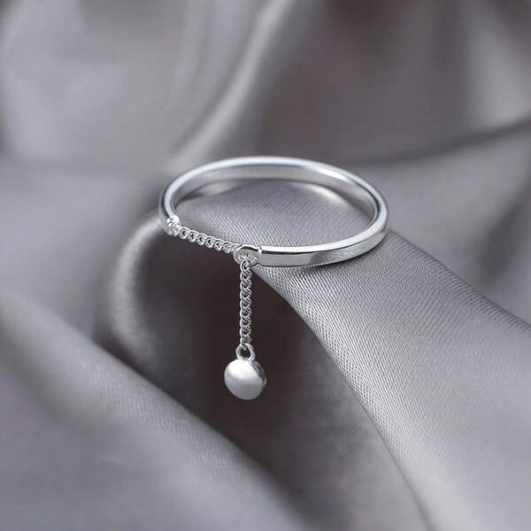 1pc Elegant Minimalist 925 Silver Chain Beaded Ball Adjustable Open Ring, Suitable For Daily Casual Wear And Commuting, Versatile