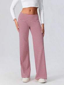 Women Fold Over Yoga Pants Low Rise Solid Color Stretch Casual Straight Wide Leg Palazzo Pants Loose Fit Comfy Flared Leggings Gym Lounge Pants Bootcut Bell Bottoms Baggy Sweatpants Teen Girl Back To School Bottoms Y2k Streetwear - 紅白色 - 查看 6