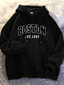 Sudadera casual para mujer estilo universitario con estampado de letras, cordón ajustable, holgada, cuello con capucha, manga larga, otoño/invierno, uso diario, pulóver - Negro - Ver 1