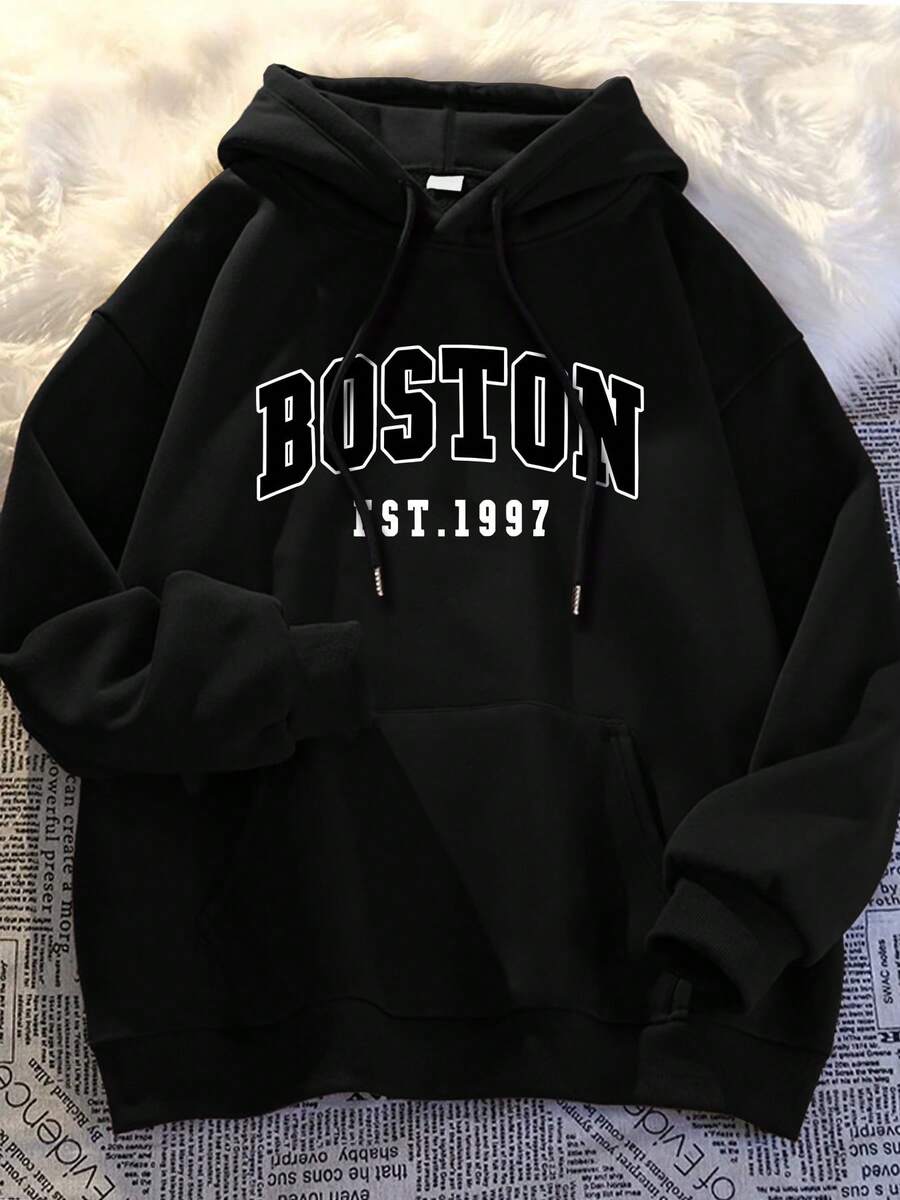 Sudadera casual para mujer estilo universitario con estampado de letras, cordón ajustable, holgada, cuello con capucha, manga larga, otoño/invierno, uso diario, pulóver - Negro - Ver 1