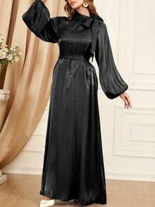 女式纯色灯笼袖系腰中长连衣裙 - 黑色 - 查看 5