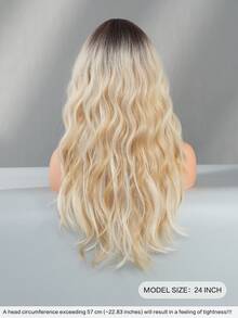 24 Inch Long Wavy Beige Blonde Highlight Wig With Curtain Bangs For Women Heat Resistant Fiber Hairpiece With Dark Roots,Natural Synthetic Full Machine Hair Wigs For Daily Music Festival Party Wear, Cosplay Halloween & Street Photography Use - 亞麻金 - 查看 3