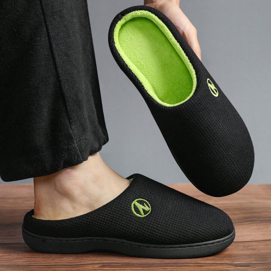 Men's Two-Tone Memory Foam Slippers With Durable Rubber Sole For Indoor And Outdoor Use - Black - View 1