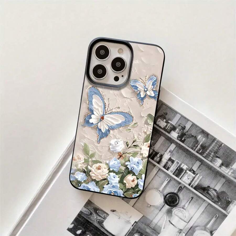Fundas y carcasas protectoras con diseño de flores azules y orificios grandes, compatibles con phone 16 Pro, 16, 15 Pro, 14, 14 Plus, 14 Pro, 13, 13 Pro, 12 Pro y 11/11 Pro. Ideales para regalar en cumpleaños y celebraciones. - Negro - Ver 1