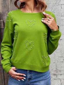 Jersey Holgado Cuello Redondo Manga Larga Aplicaciones Brillos En forma de Corazon Sueter - Verde - Ver 1