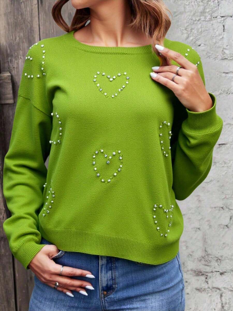 Jersey Holgado Cuello Redondo Manga Larga Aplicaciones Brillos En forma de Corazon Sueter - Verde - Ver 1