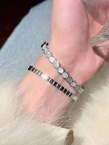 1入精美不銹鋼圓形金色鍍帶嵌鑽石手環，抗褪色無過敏簡約手鍊適用於女性 - 手鐲 - 查看 8