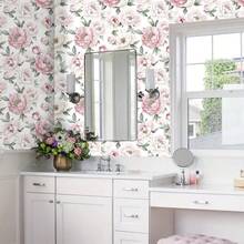 1卷粉色牡丹自粘壁纸，复古波西米亚风格壁纸，防水，耐用，撕下粘贴可拆卸乙烯基接触纸，浅色背景粉色花朵图案贴纸，家居艺术装饰贴纸，艺术墙贴