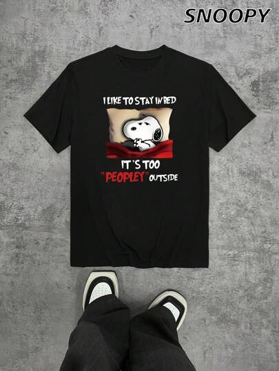 我喜欢待在床上外面人太多睡觉男士短袖宽松舒适百搭卡通印花针织衫