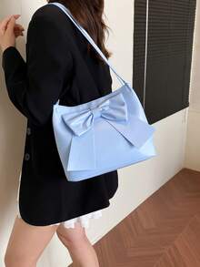 Túi đeo vai nữ dung tích lớn bằng da PU màu trơn trang trí nơ nhẹ thời trang, túi xách thanh lịch cho quý cô - Màu xanh lam - Xem 2
