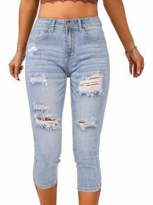 Vetinee High Waisted Skinny Slim Fit Capri Jeanshalloween - Màu xanh mềm mại cổ điển - Xem 7