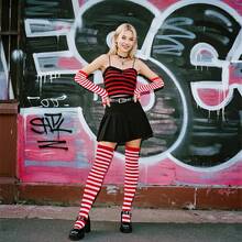 Tongcloud Women's Striped Knee High Socks, Over Knee Thigh High Socks, Arm Warmer And Fingerless Gloves SetHalloween Christmas New Year - 紅白色 - 查看 3