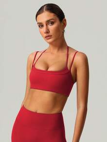Sujetador deportivo para mujer con cuello de halter, tirantes ajustables de múltiples hombros, doble capa y espalda con diseño estético para yoga, fitness y actividades deportivas - Rojo - Ver 3