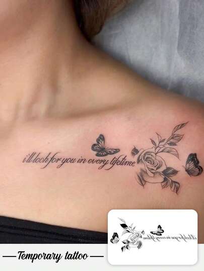 1 件可水洗、防水、防汗、不反光艺术玫瑰、蝴蝶、英文字母、励志临时纹身贴纸，适合日常生活中的人们