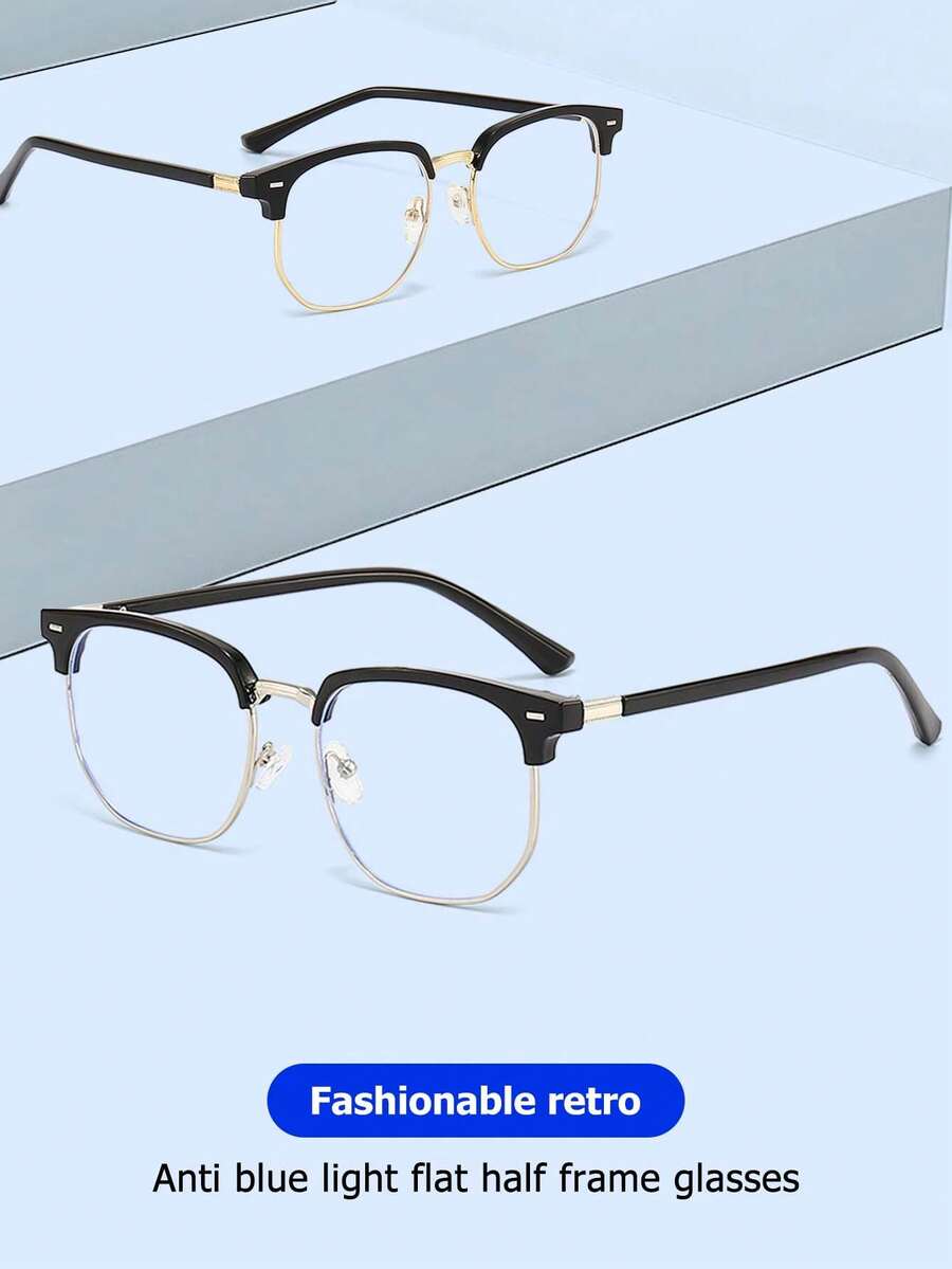 Frameless Retro Eyeglasses Frame, Men's Fashion Half-Rim Blue Light Blocking Clear Lens Glasses, Aluminum Alloy Computer Blue Light Blocking Glasses