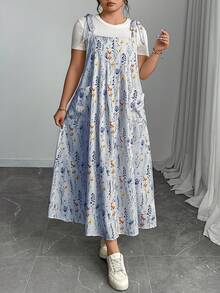 Plus Size Floral Print Women Double Pocket Strap Midi Dress - Blue - View 3