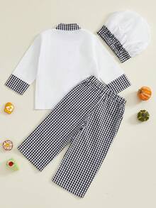 3pcs Little Boys White Chef Outfit Long Sleeve Button Up Mock Neck Top + Plaid Pants + Classic Baker Hat Set For Kids Girls - White - View 2