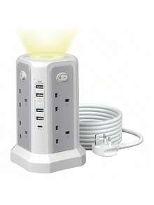 UK Tower Electrical Sockets With USB Slot And Night Light, 20 W USB C Fast Charger, (13A 3250 W) 5 USB Ports And 8 AC, Surge Protected Extension Cable With 4 Switches, 3M Extension Cable, Suitable For Home, Office.