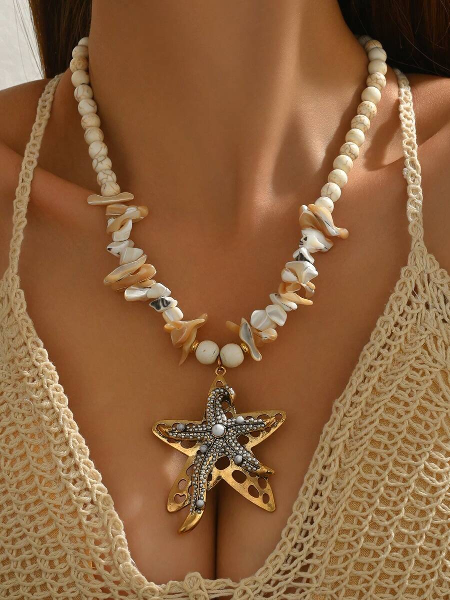 1pc Summer Beach Hawaiian Style White Turquoise Double Layer Asymmetrical Hollow Starfish Pendant Necklace, Exaggerated Design Turquoise Beaded Boho Chic Starfish Necklace For Women, Suitable For Daily Wear And Vacation - White - View 1