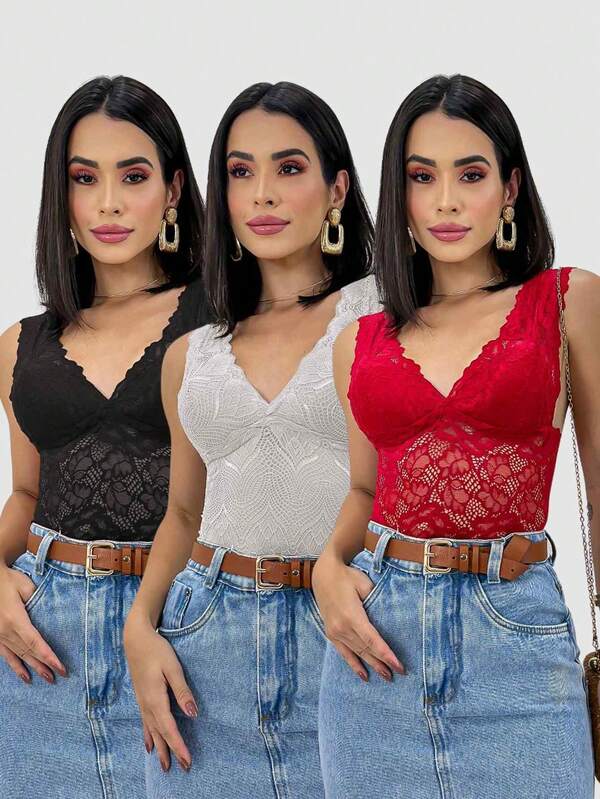 Kit 3 Cropped Top Feminino Regata Alça Grosa Renda Rendado Decote Bojo Sensual Moda Sexy Lançamento Promoção