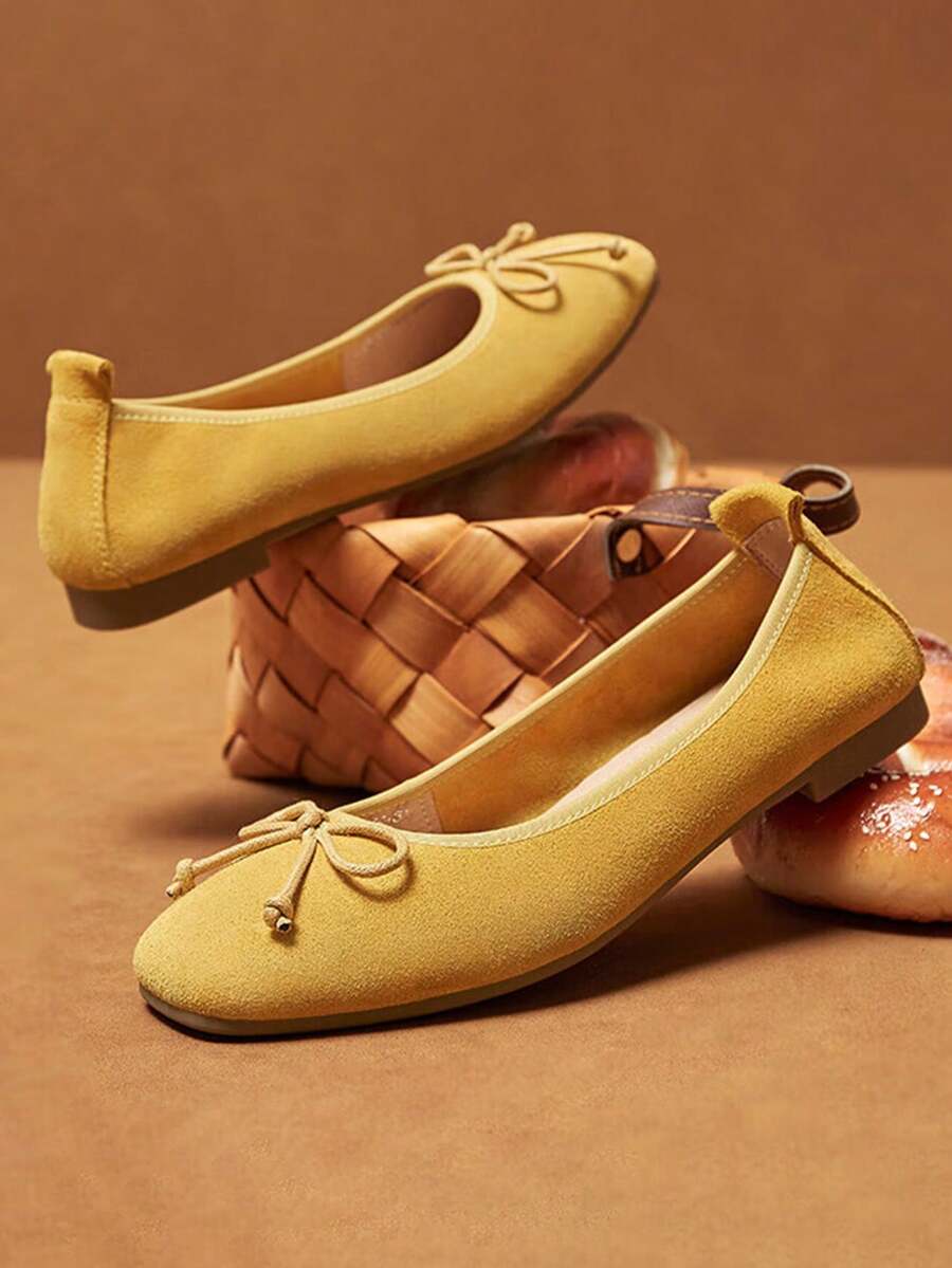 CAMEL CROWN Women's Casual Shoes, Spring Open-Toe Pumps, Elegant Small Leather Shoes, Bow-Tie Casual Versatile Commuting Shoes - Yellow - View 1