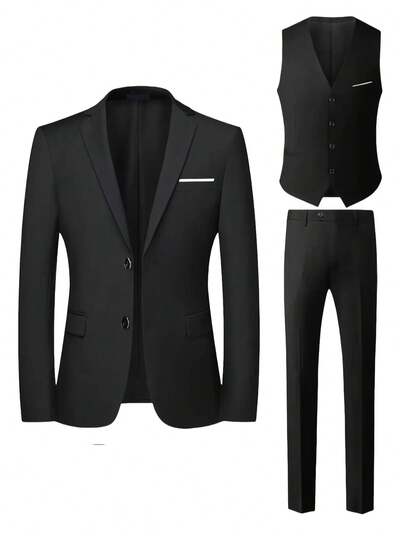 3 Pieces Men's Suit Set: Jacket, Vest, And Trousers, Fashion Formal Wear For Wedding, Party, Prom
