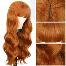 26 Inch Long Wavy Ginger Wigs With Bangs For Women Long Curly Natural Heat Resistant Fiber Synthetic Wine Orange Wigs For Halloween Daily Use Party Cosplay - Ginger - View 5