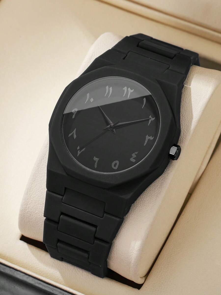 1pc Men's Fashion Casual Minimalist Arabic Numeral Dial Quartz Wrist Watch, Stylish & Business - Black - View 1