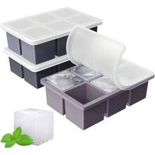 Large Ice Cube Tray For Whiskey: Silicone Ice Cube Trays With Lid 2Pack Big Square Old Fashioned Ice Cube Maker For Cocktail 2inch Huge Cubed Ice Trays For Whisky - 黑色+深灰色+紫色 - 查看 1