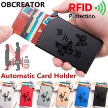 Portafoglio minimalista da donna con motivo a farfalla di OBCREATOR, portafoglio slim, porta carte di credito con scomparti a comparsa, protezione RFID, custodia in metallo per carte di credito unisex, organizer (Nero, Argento, Dorato, Grigio, Rosso, Blu)