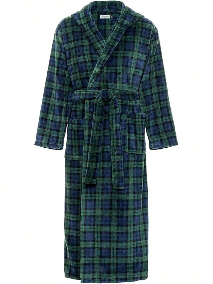 Mens Robe With Hood, Plush Fleece Hooded Mens Bathrobe, Big And Tall Bath Robe For Menhalloween - Black Watch Tartan Plaid - View 1