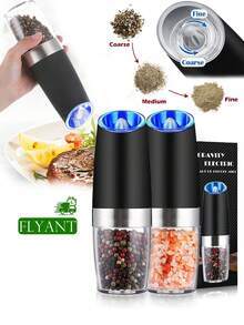 Electric Salt And Pepper Grinder Set Automatic Salt And Pepper Grinder Set With LED Light, Battery Operated, Adjustable Coarseness, Large Capacity, For Home Kitchen BBQ Single-Handed Automatic Operation Stainless Steel - Black - View 2