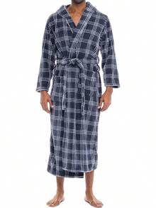 Mens Robe With Hood, Plush Fleece Hooded Mens Bathrobe, Big And Tall Bath Robe For Menhalloween - Blue Gray Plaid - View 1